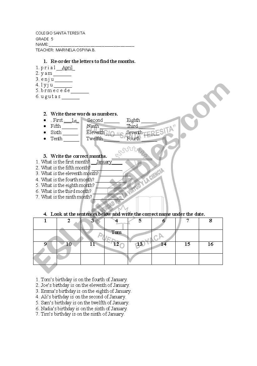 ORDINALS worksheet