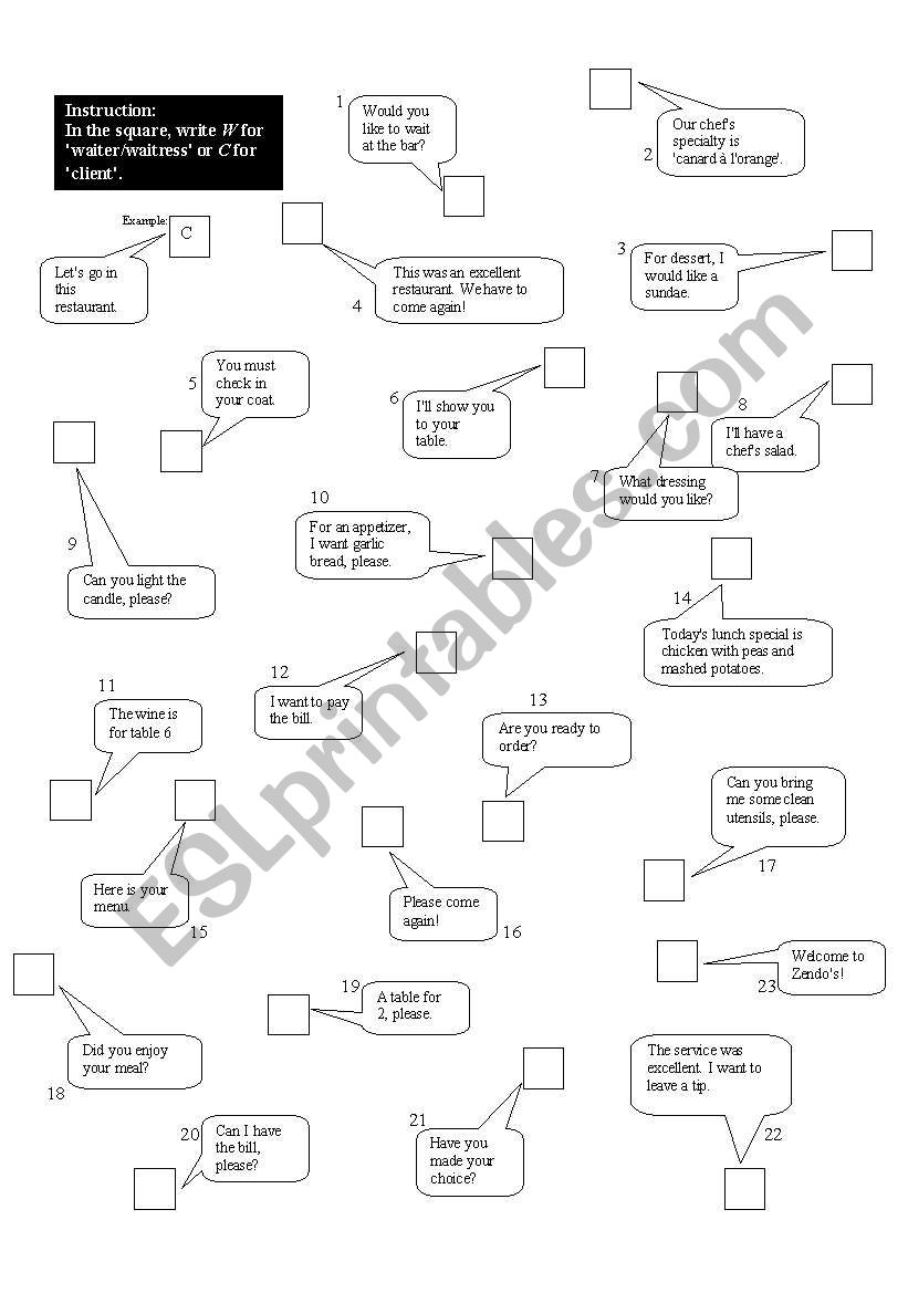 Restaurant sketch worksheet