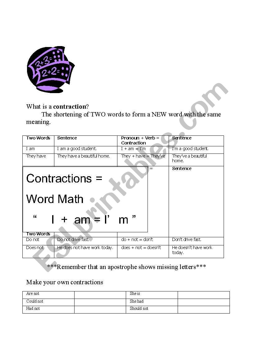 Contractions = Word Math worksheet