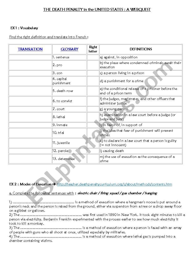 Death Penalty Web Quest worksheet