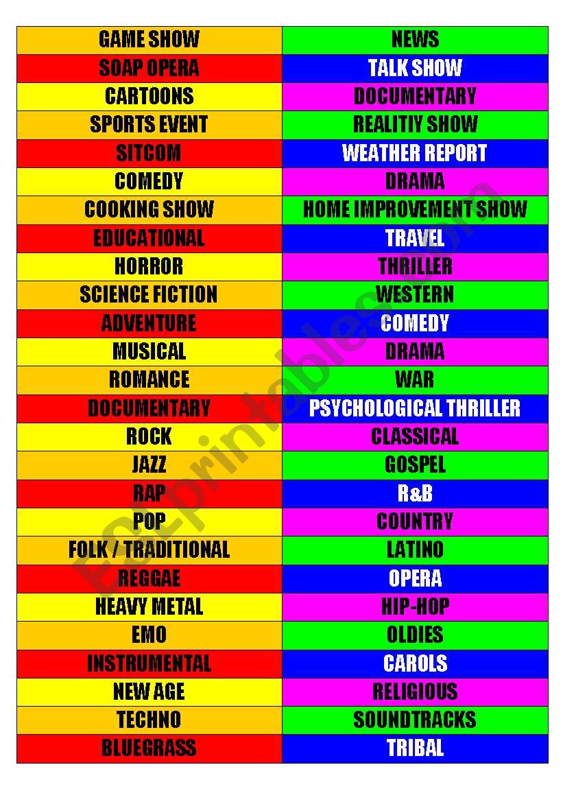 Genres -- TV programs, movies, and music