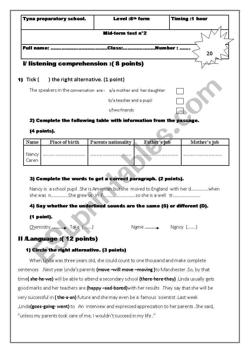 mid -term test 2 (8th form) worksheet