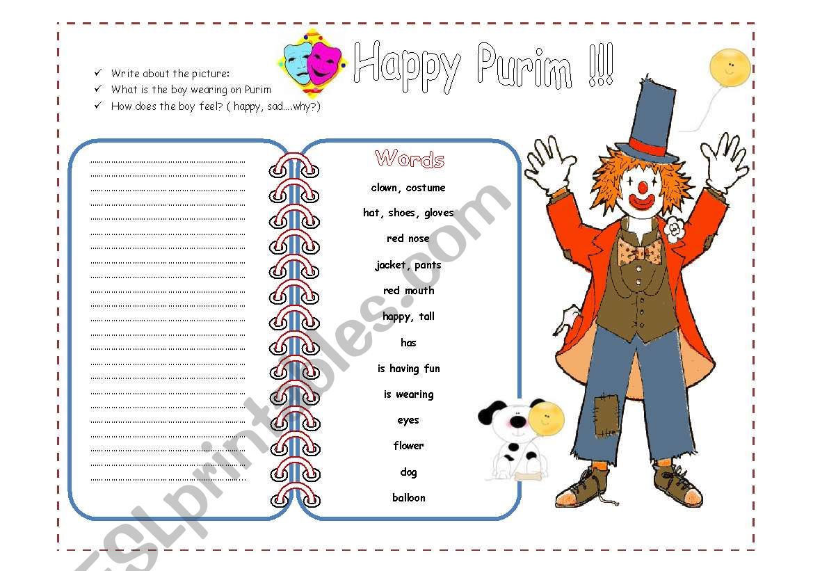 Happy Purim- Picture / Writing  ( 2 pages)
