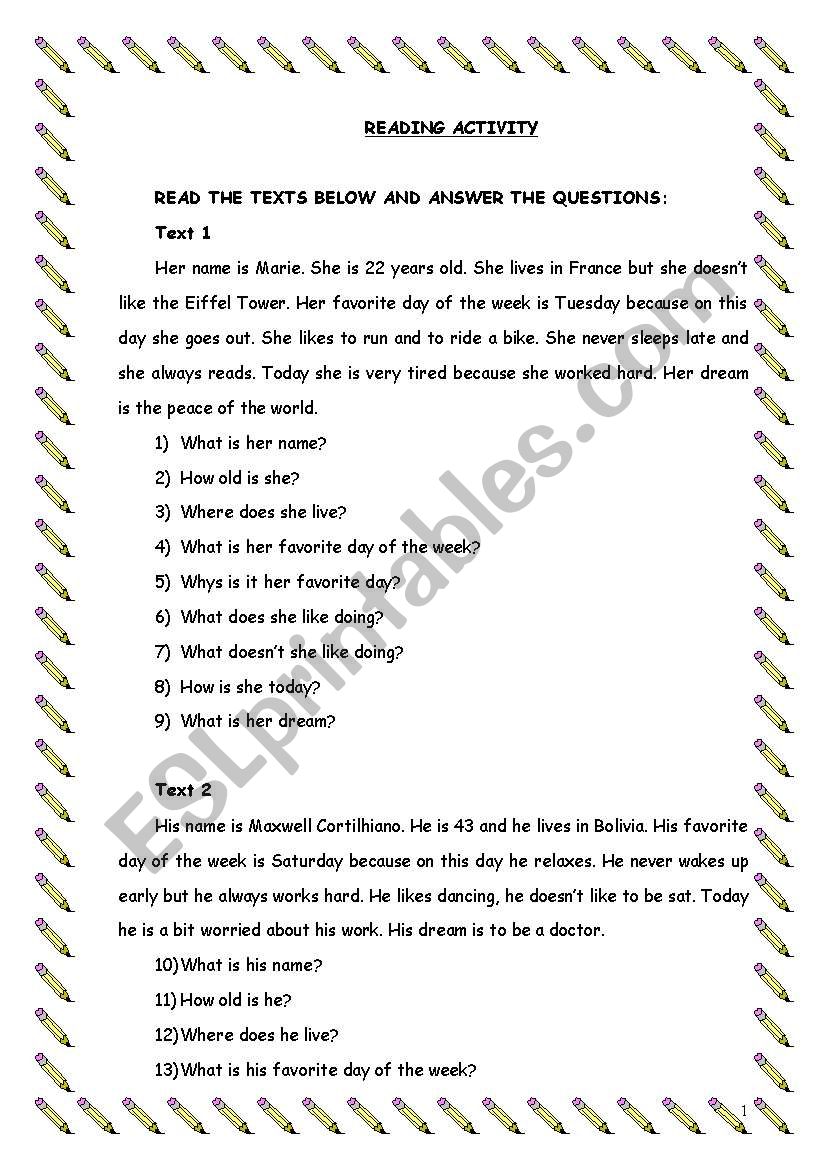 Reading activity worksheet