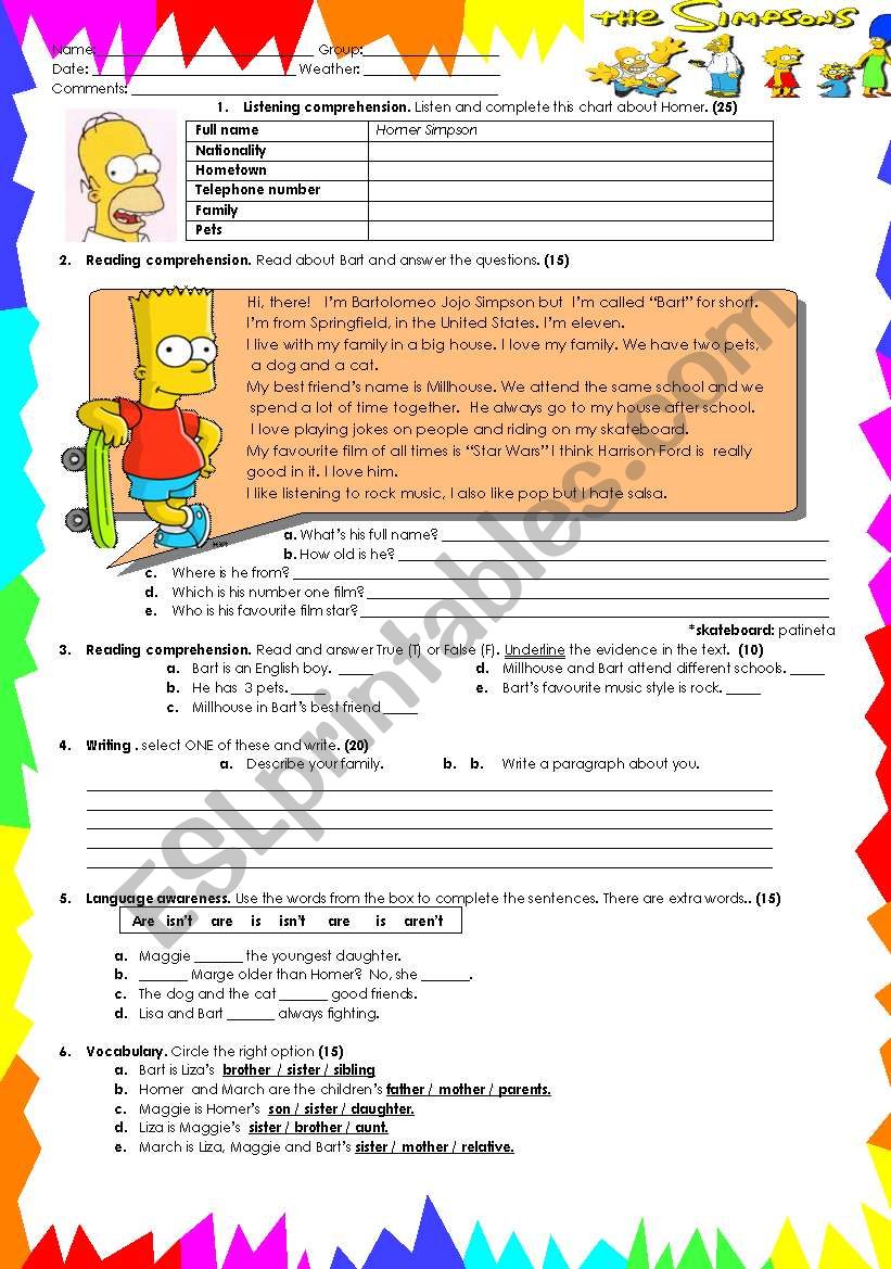 the simpsons family worksheet