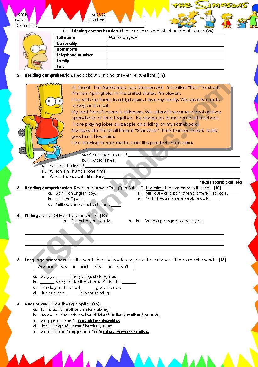 the simpsons family worksheet