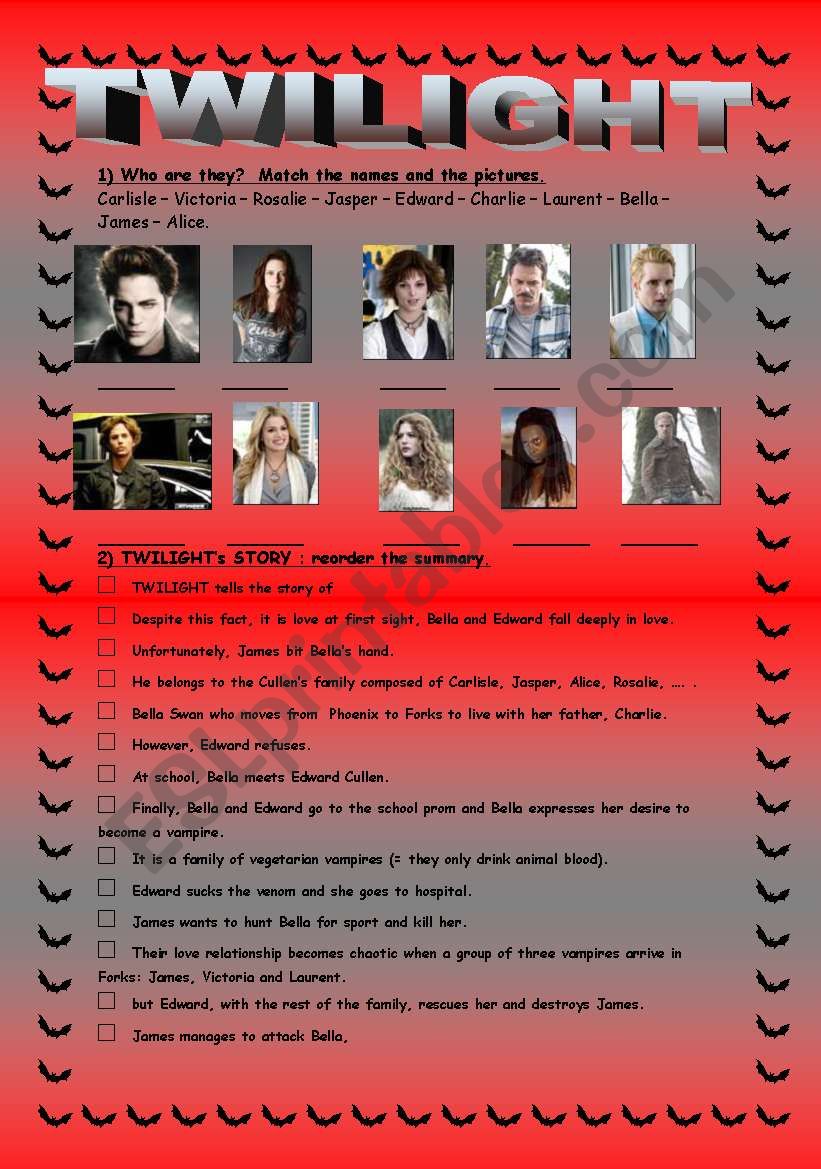 TwilightÂ´s story worksheet