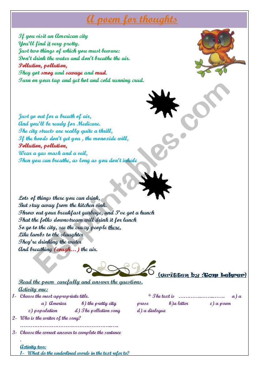 A poem for  thought worksheet