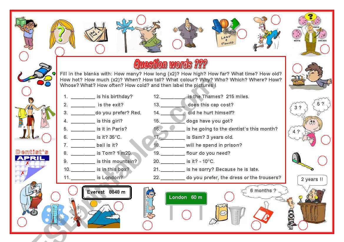 Question words, exercise and labelling worksheet (editable)