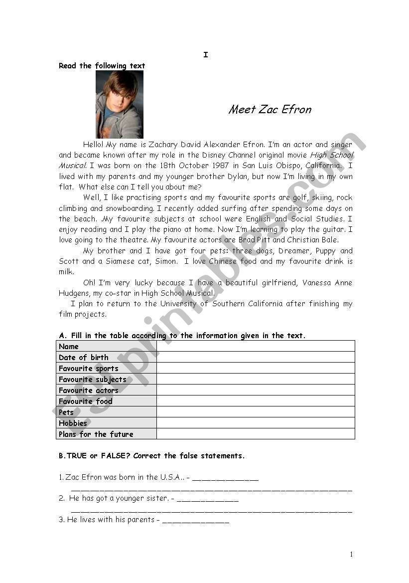 zac efron worksheet