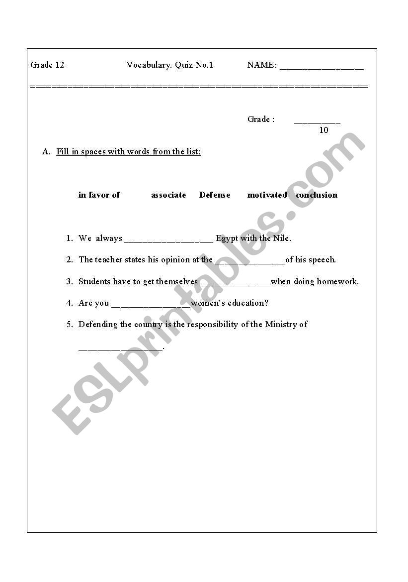 Vocabulary quiz worksheet