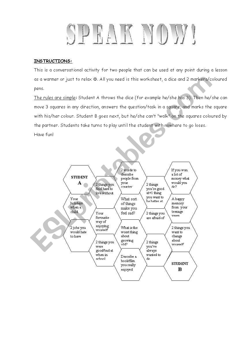 Speak now! Game worksheet