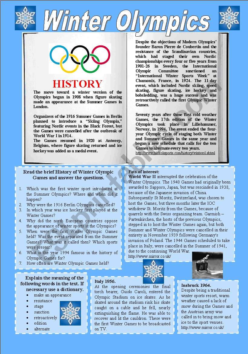 Winter Olympics 1/2 worksheet