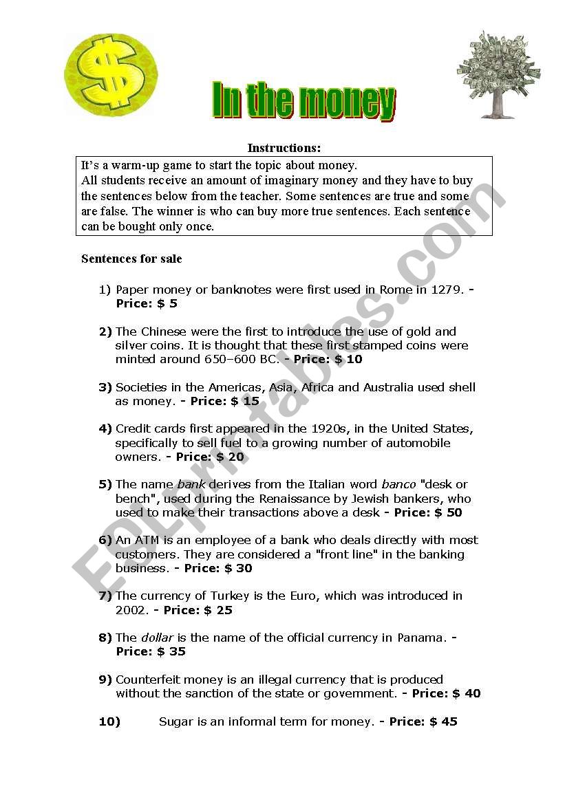In the money game worksheet