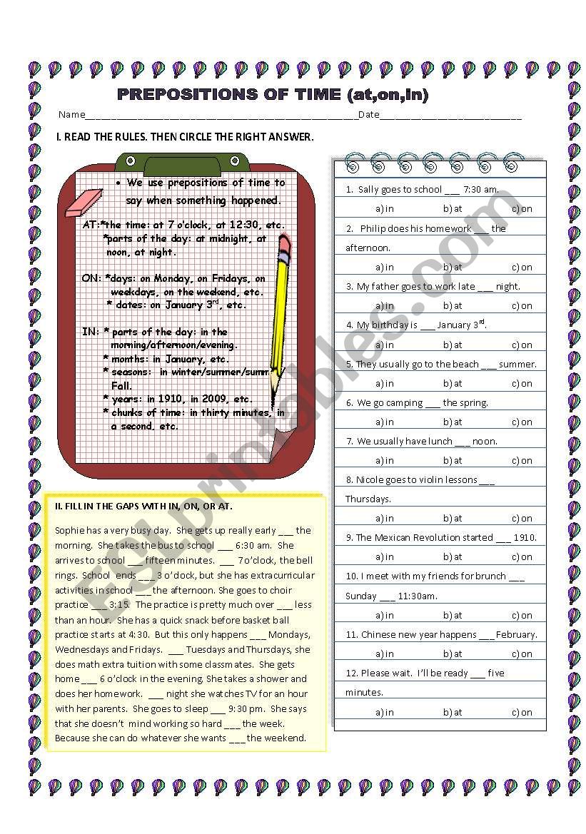 Prepositions of time worksheet