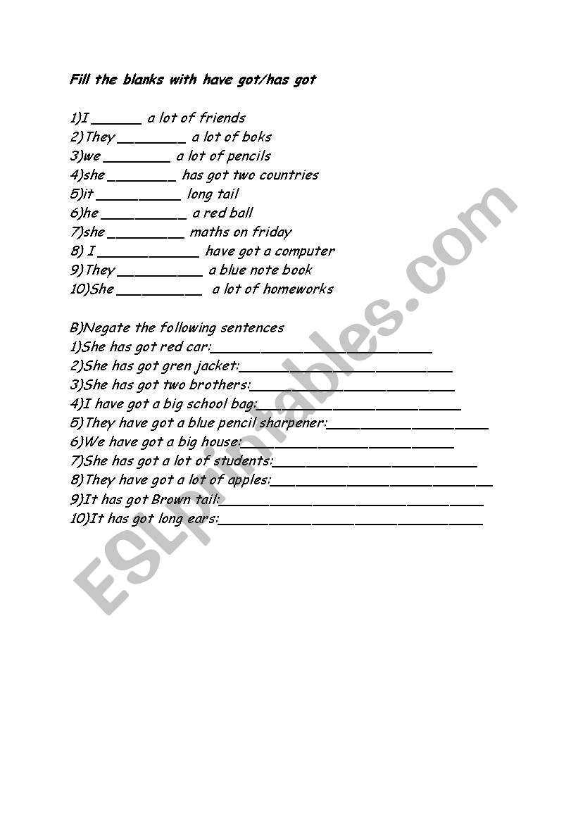 have got-has got worksheet