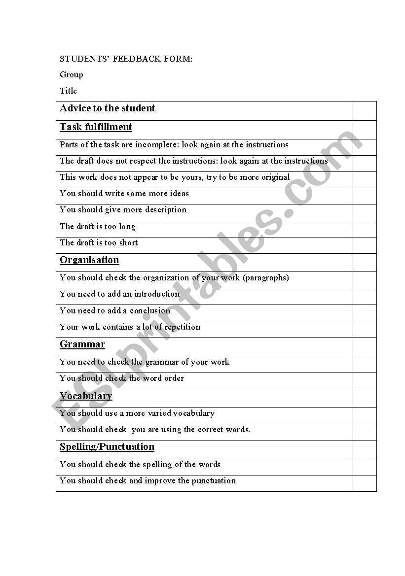 Students feedback form worksheet