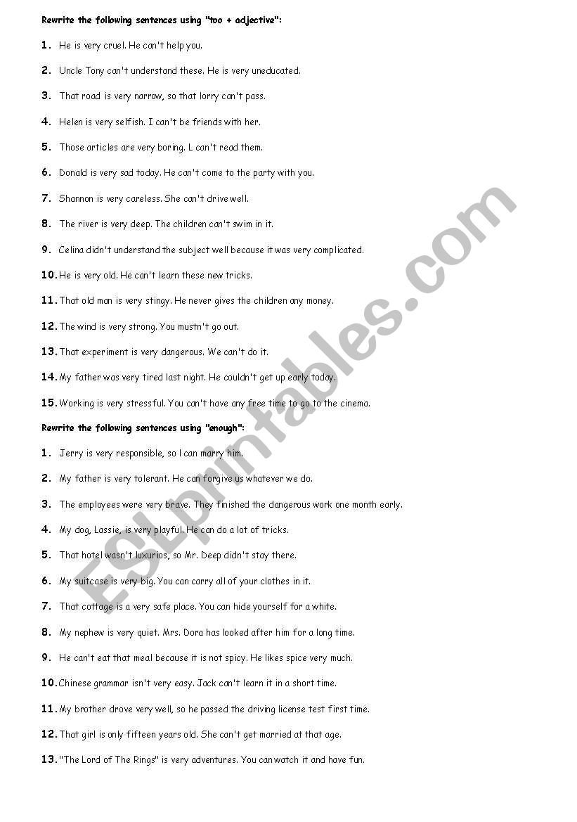 TOO - ENOUGH EXERCISES worksheet