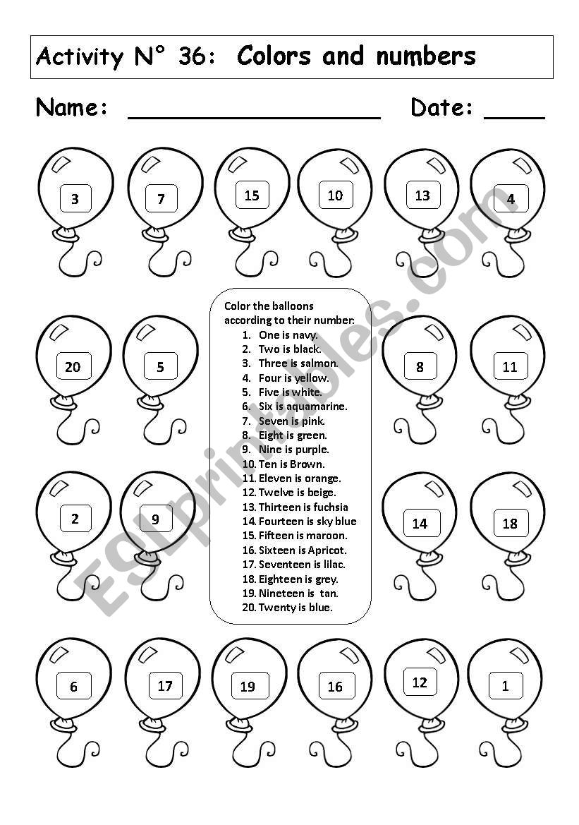 COLORS AND NUMBERS worksheet