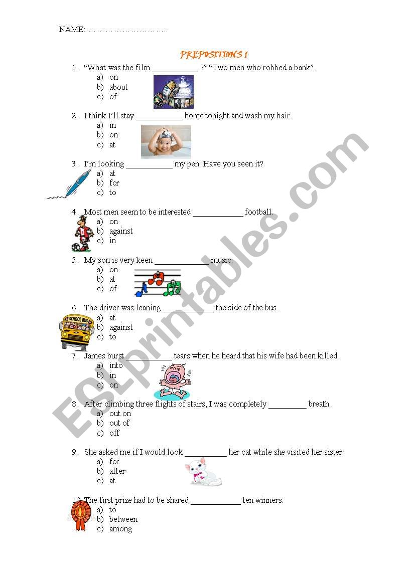 Prepositions TEST 1/2 worksheet