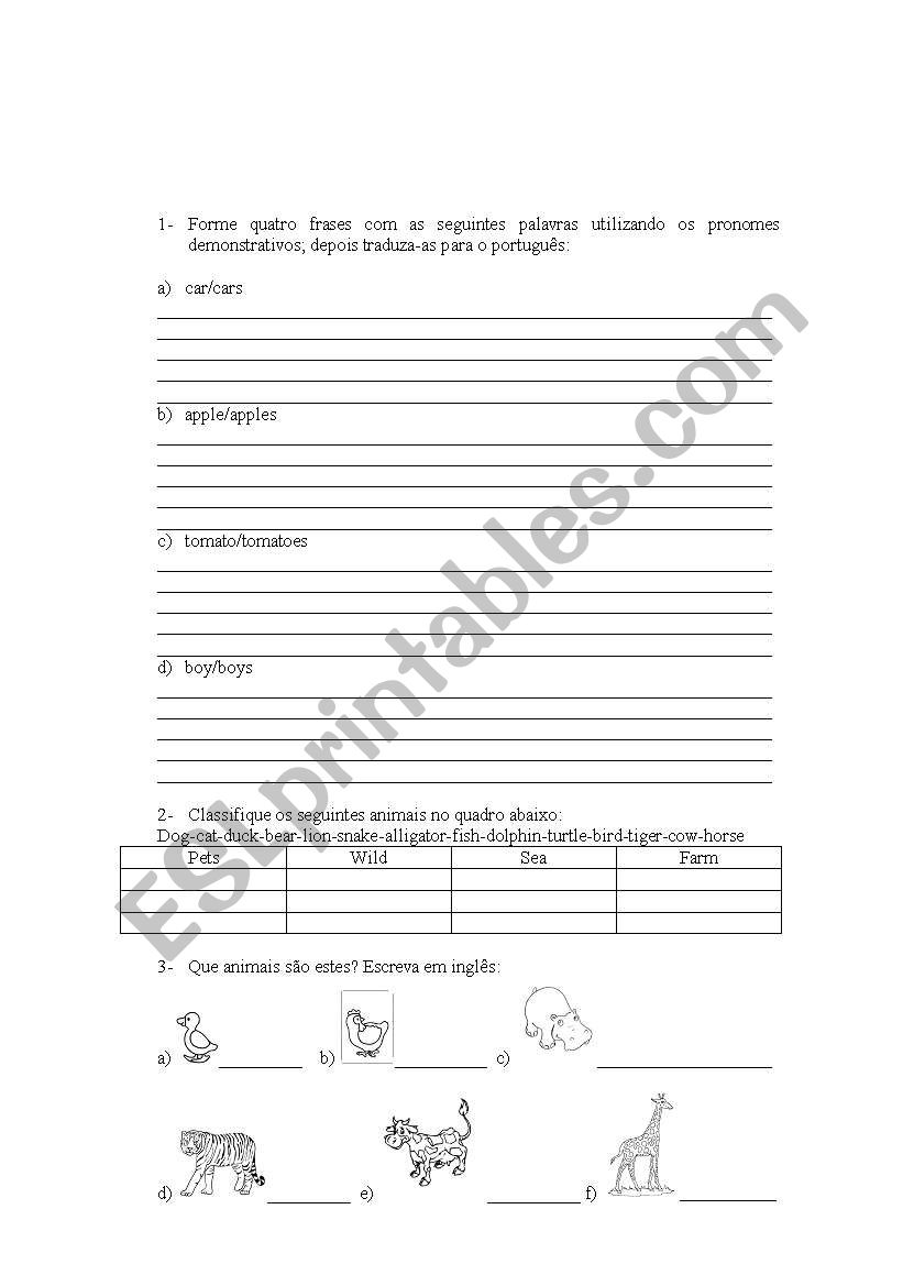 exercises animals/pronoums worksheet