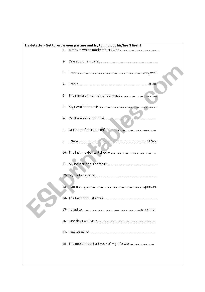 Lie detector worksheet