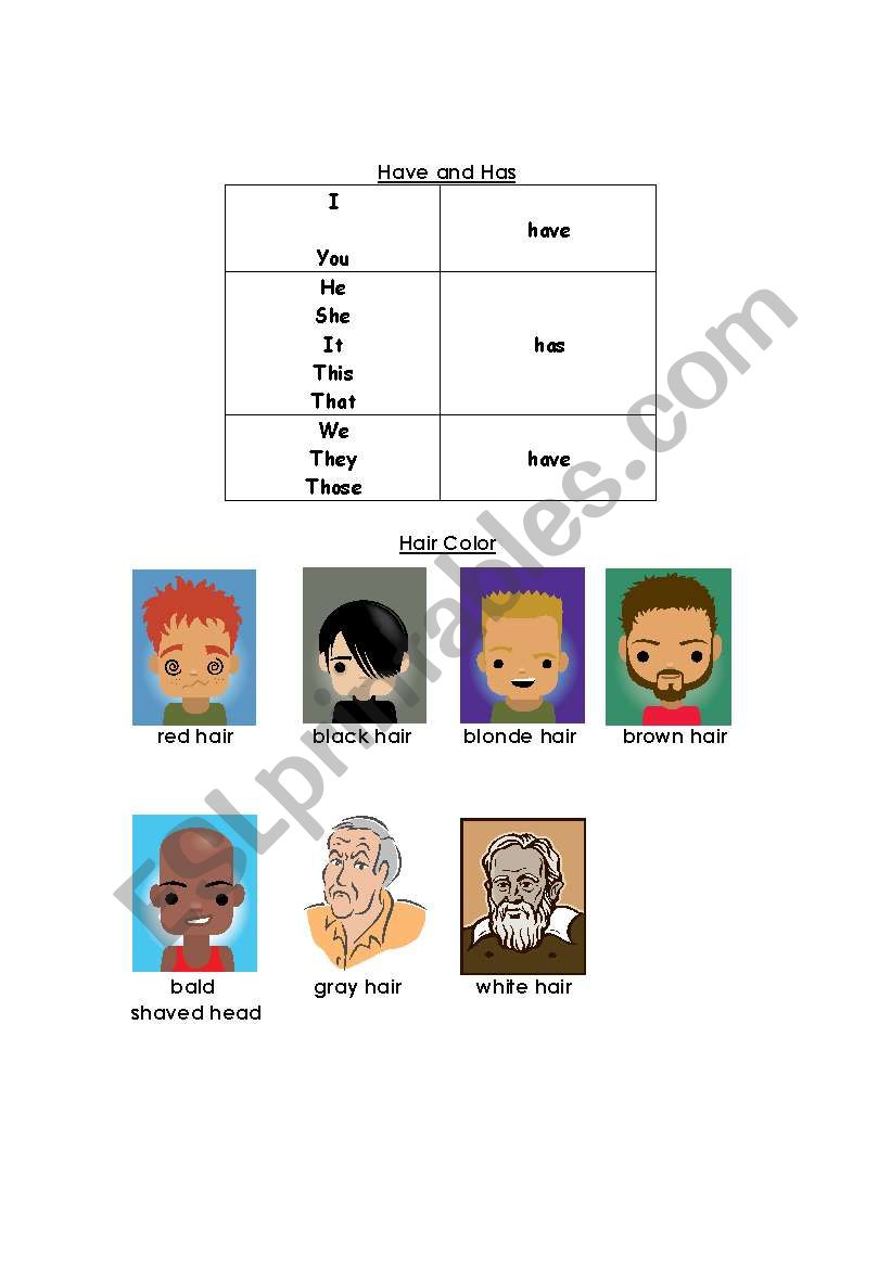 Hair Colors with Have and Has worksheet