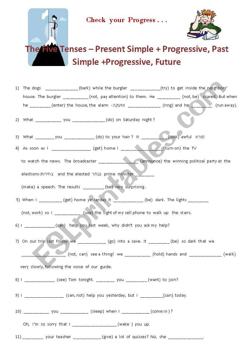 Five tenses - Present  Simple + Progressive, Past Simple + Progressive, Future