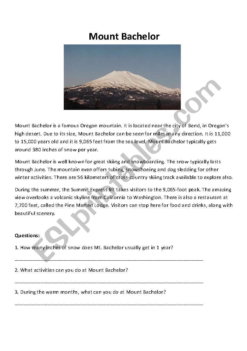 Mount Bachelor reading practice with questions