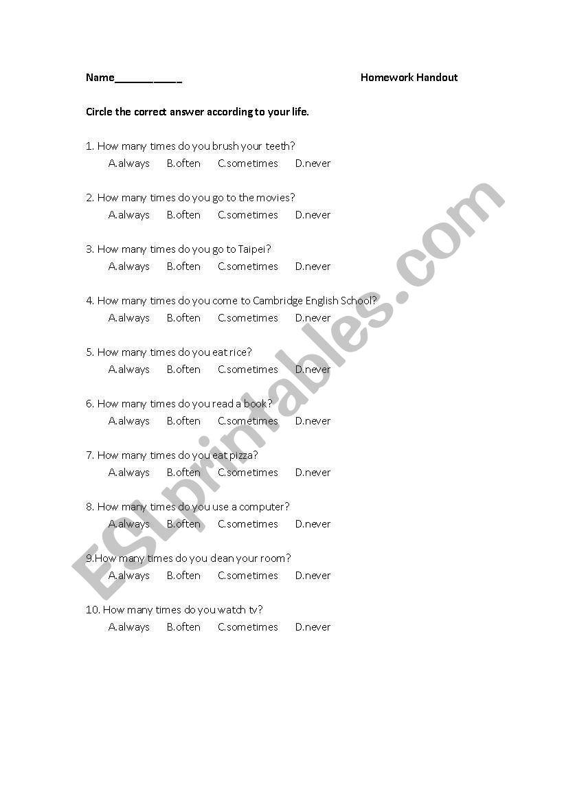 Always often sometimes never worksheet