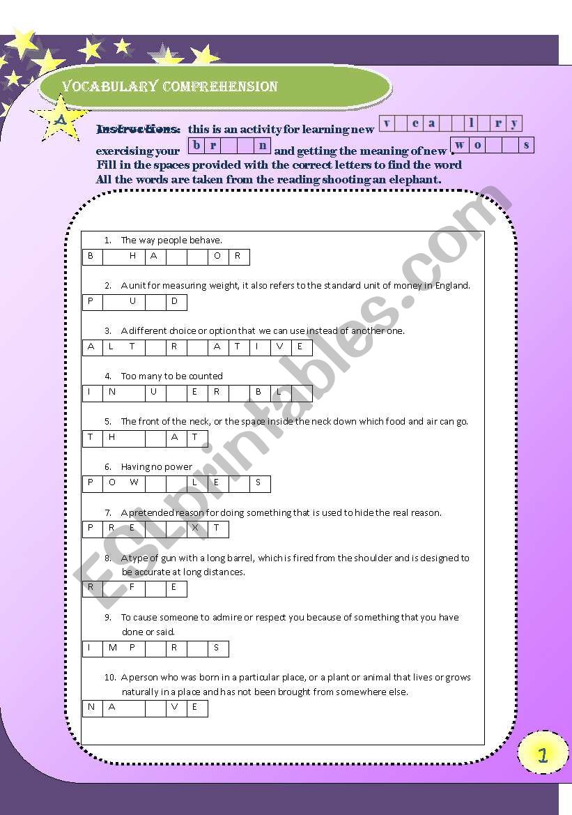 General vocabulary worksheet