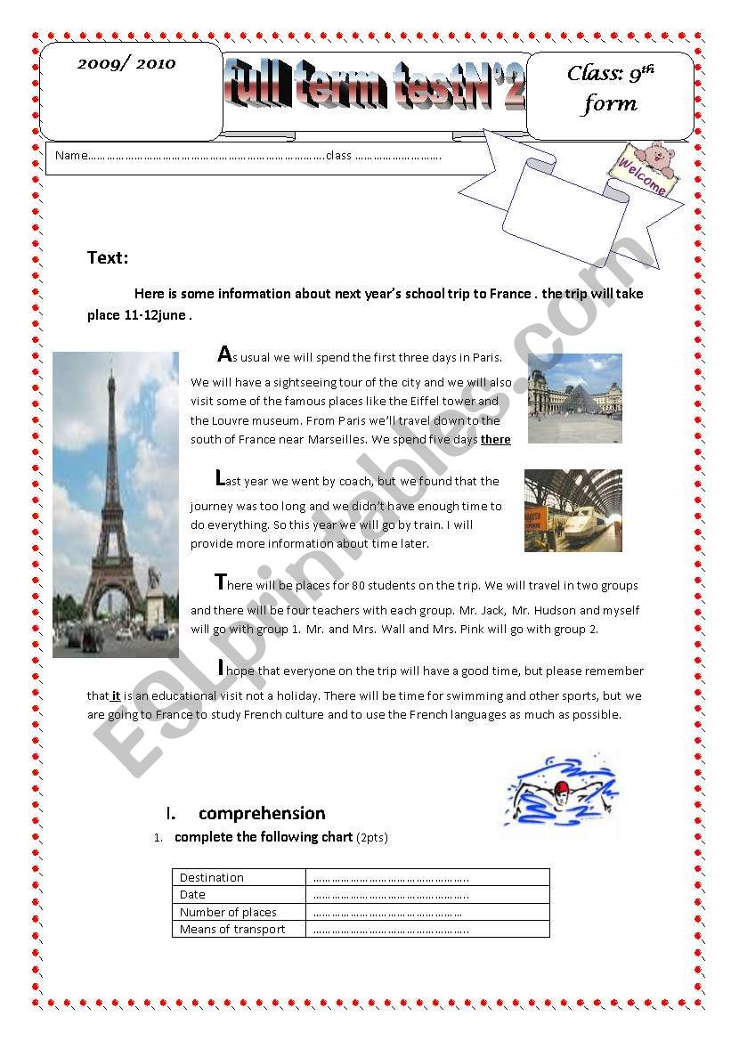 full term test N2  9th form  worksheet