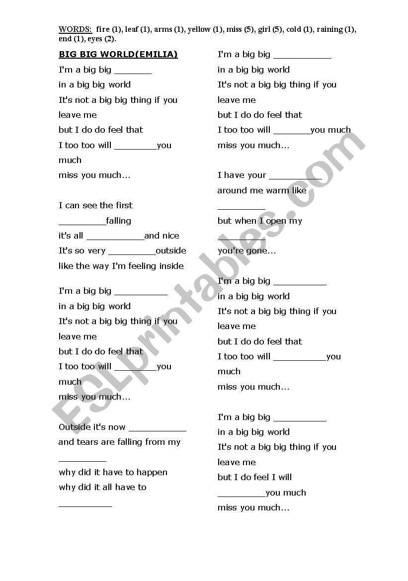 BIG WORLD SONG BY EMILIA worksheet