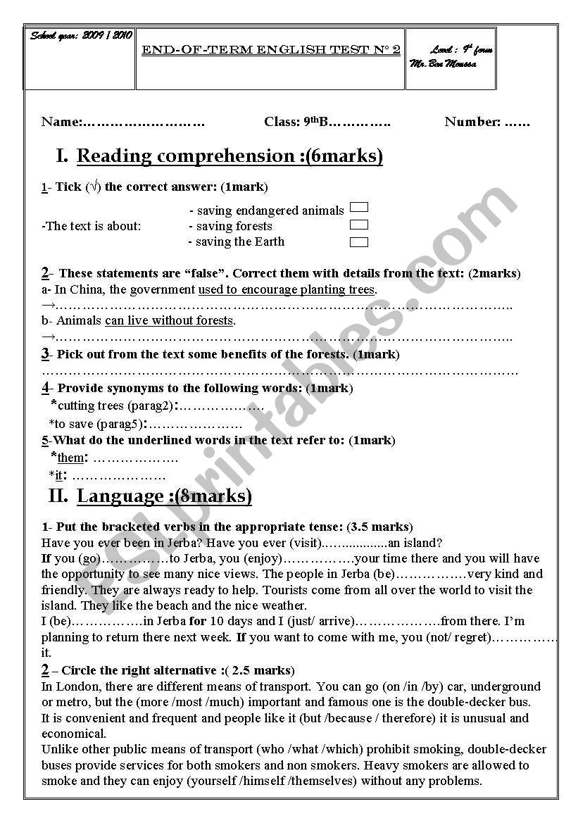 9 th year end term test n 2 worksheet