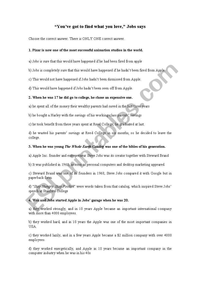 Steve Jobs speech worksheet