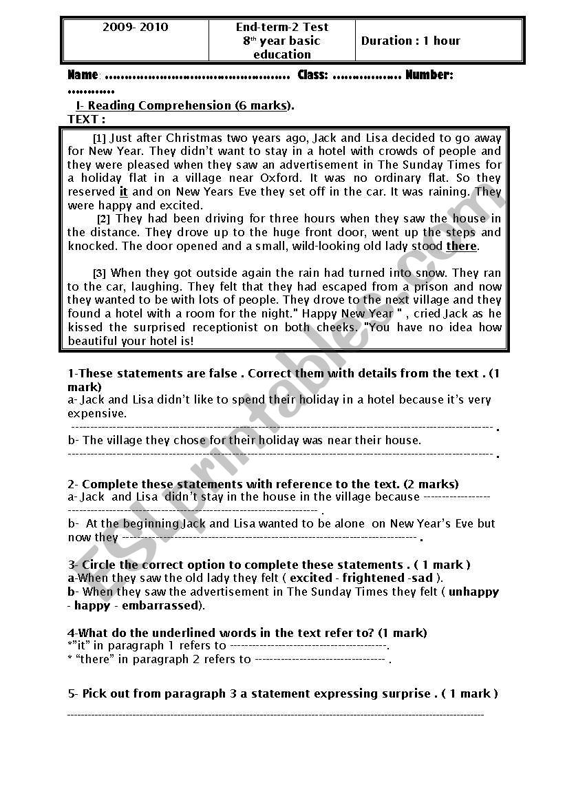 8 th year end term test n2  (a Tunisian test)