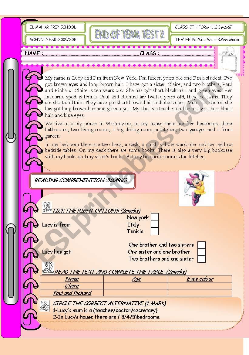 7TH FORM  END OF TERM TEST 2 worksheet