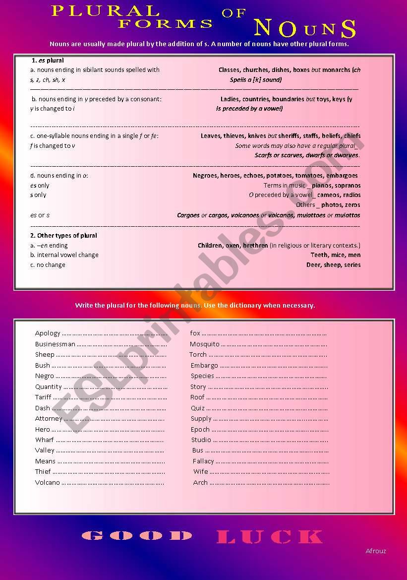 Plural Forms Of Nouns worksheet