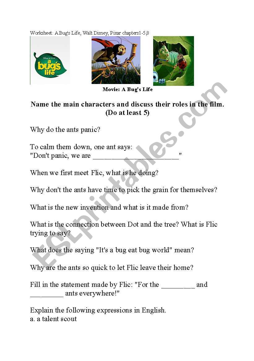 Bugs life movie worksheet worksheet