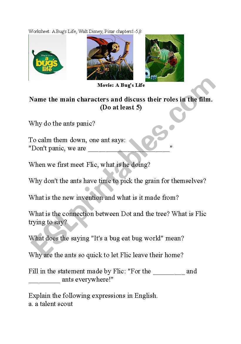 BugÂ´s life movie worksheet worksheet