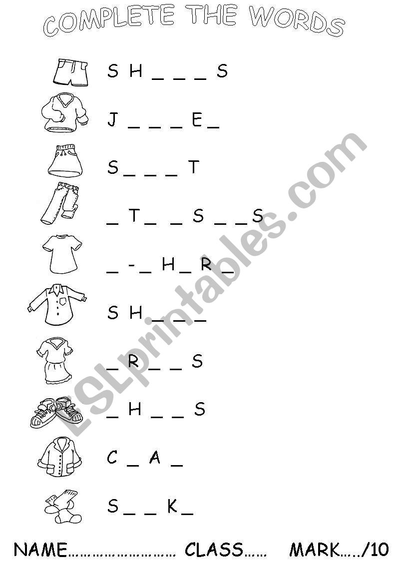 CLOTHES writing test worksheet