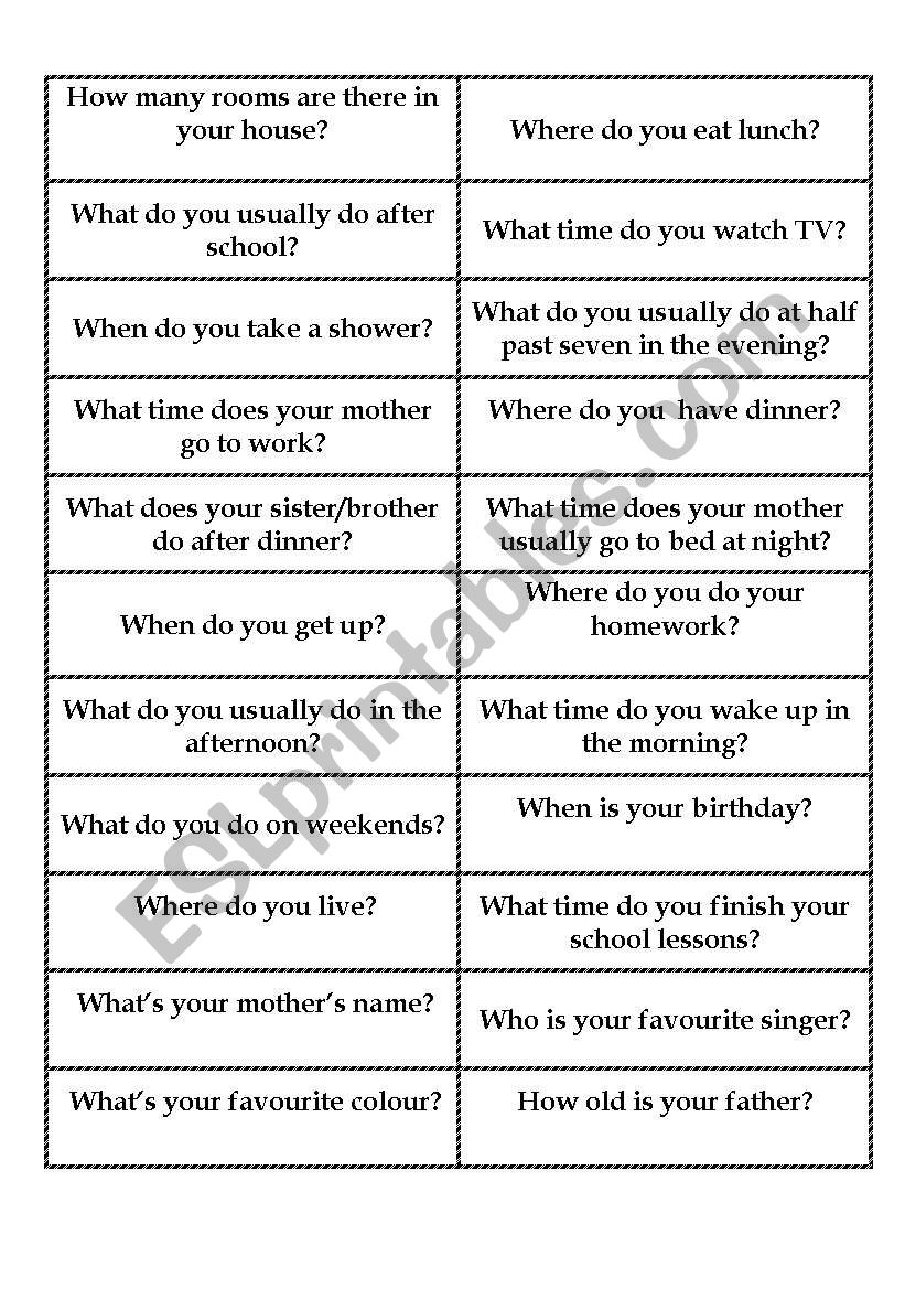 Speaking cards worksheet