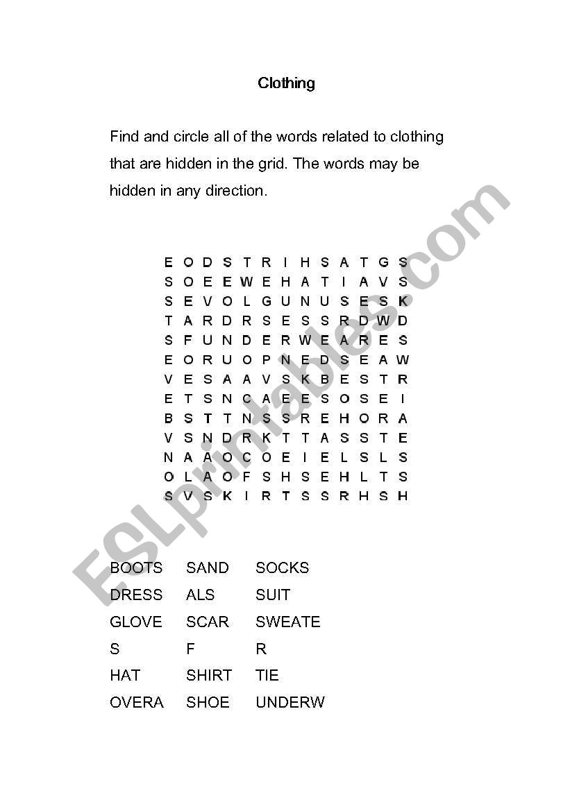 clothing wordserch worksheet