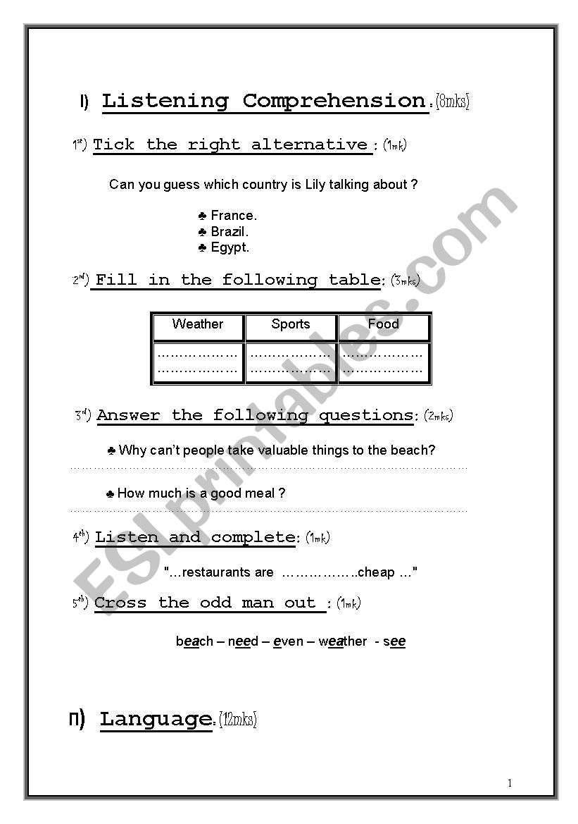 tests worksheet