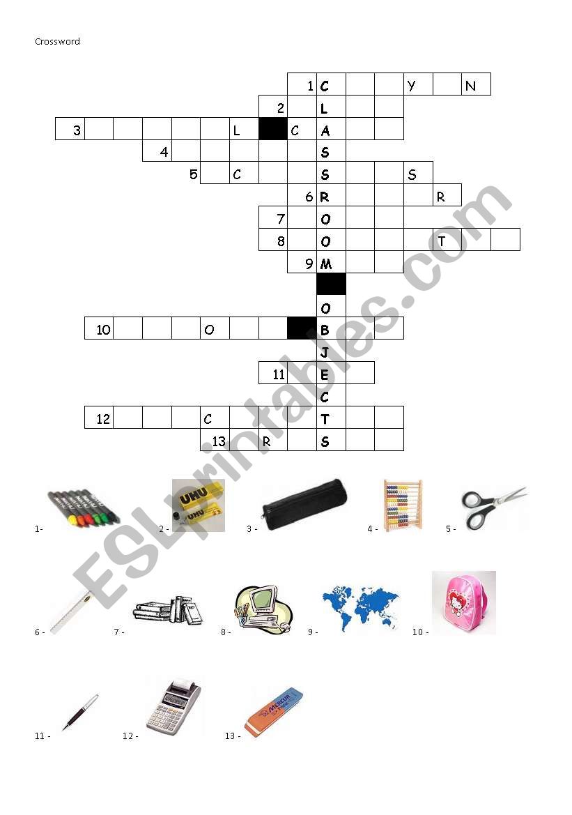 Classroom objects - crossword worksheet