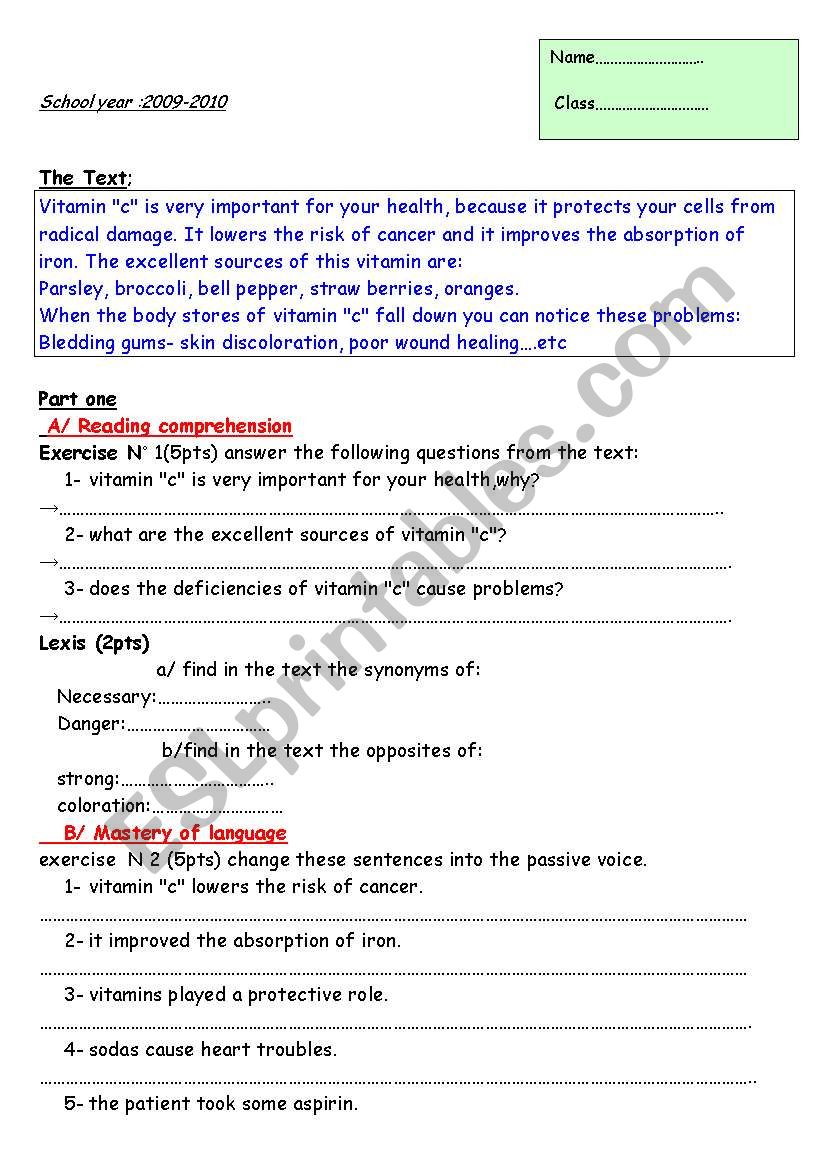 vitamin c worksheet