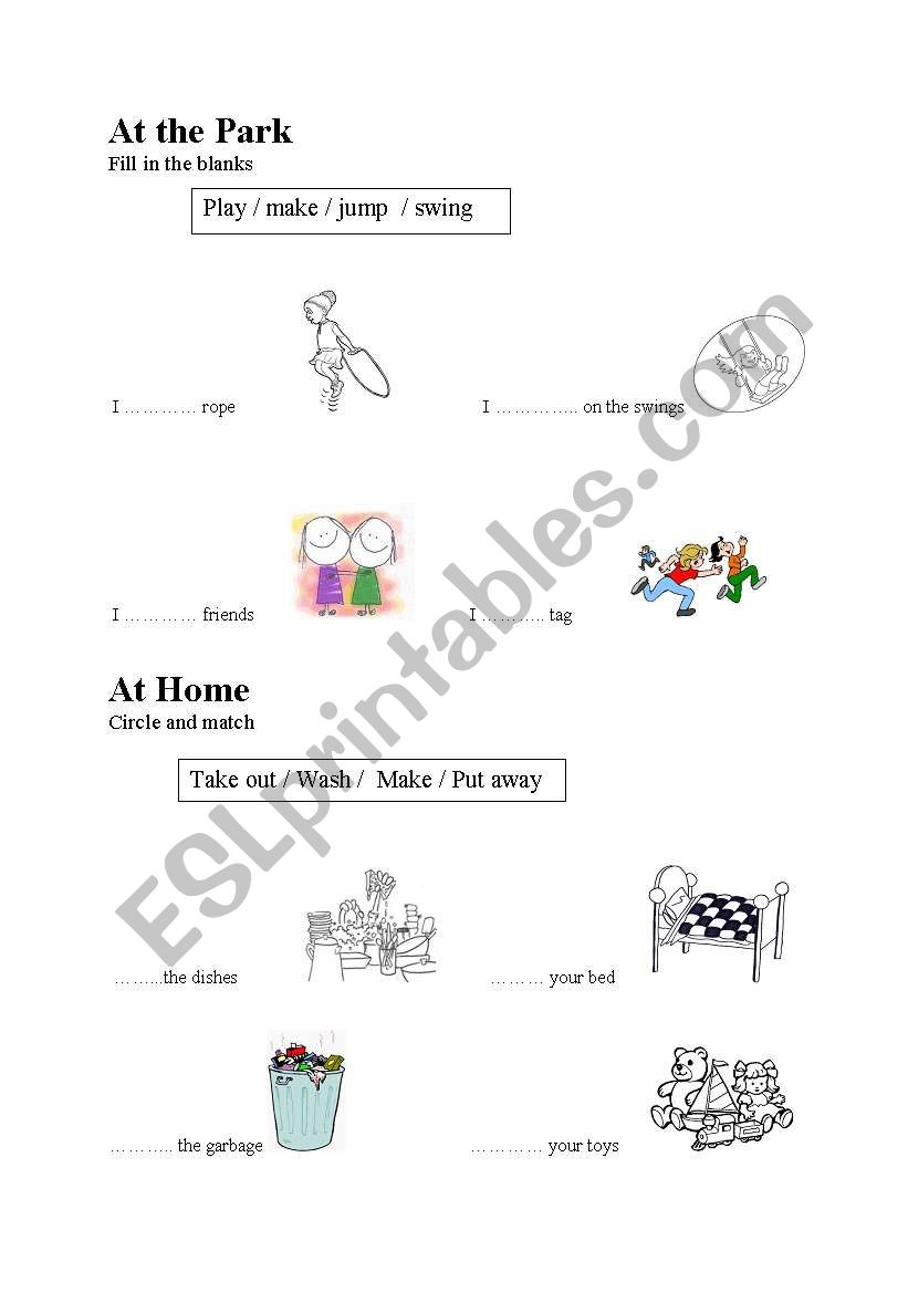 At the park and at  home worksheet