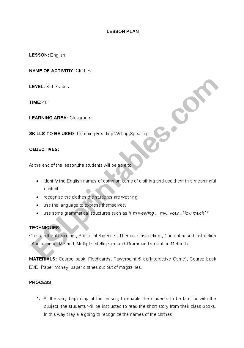 Sample Lesson plan (clothes) worksheet