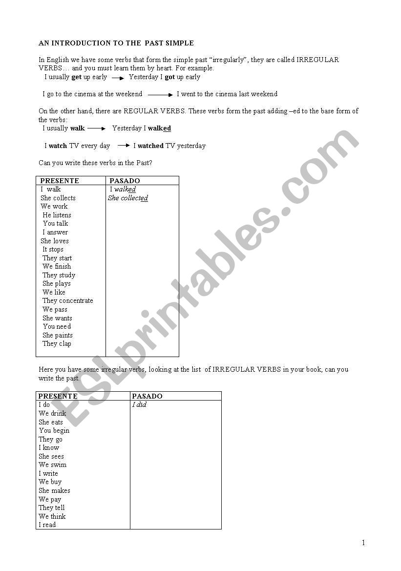 Introducing the Simple past worksheet