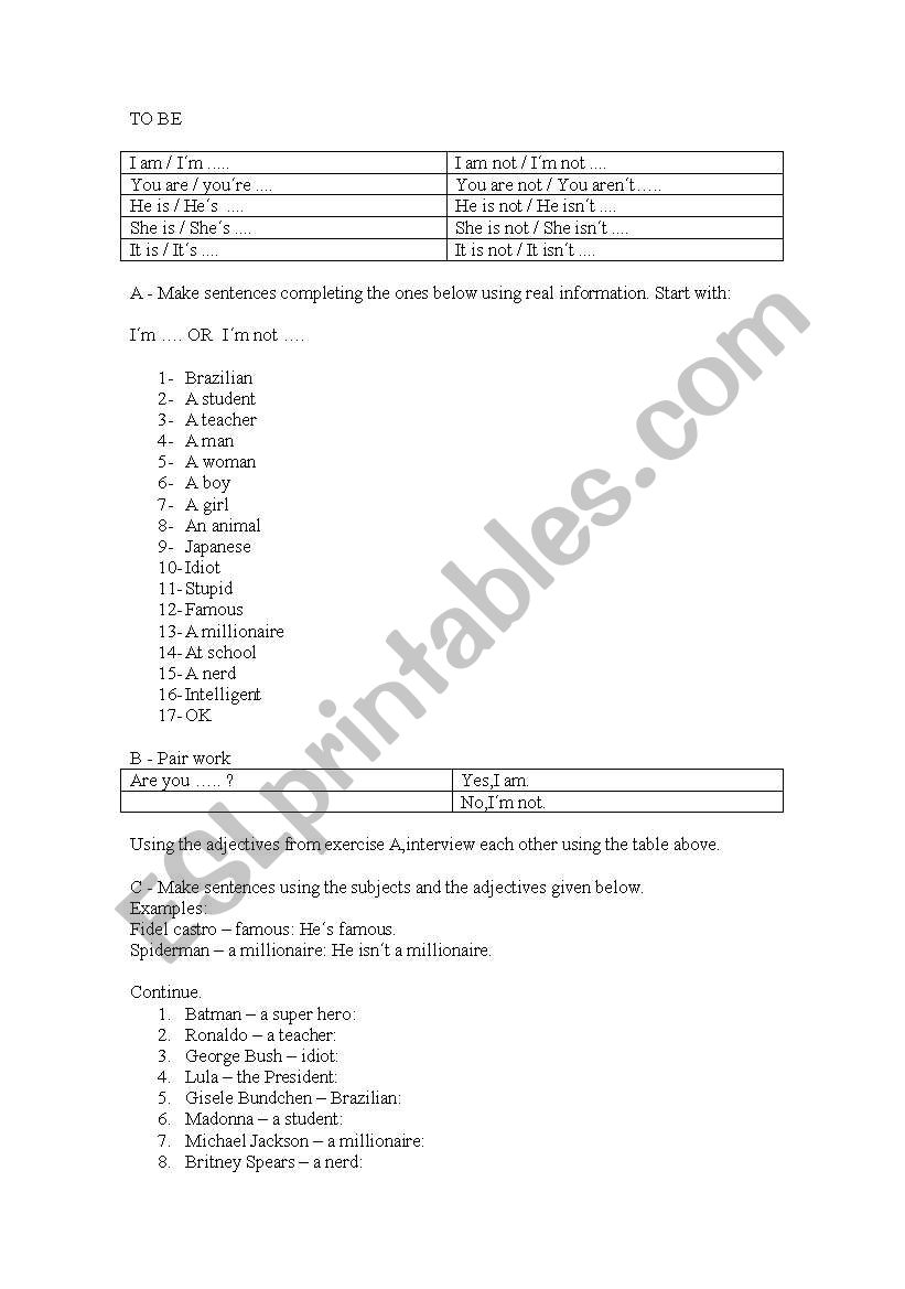 To be - Speaking Activity worksheet